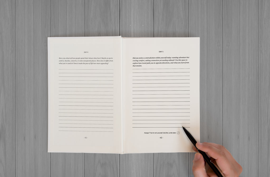 Open Essential Travel Journal showing guided daily writing prompts with lined space for reflections.