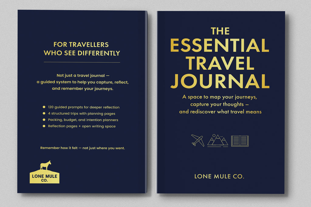Front and back covers of The Essential Travel Journal in Navy & Gold.