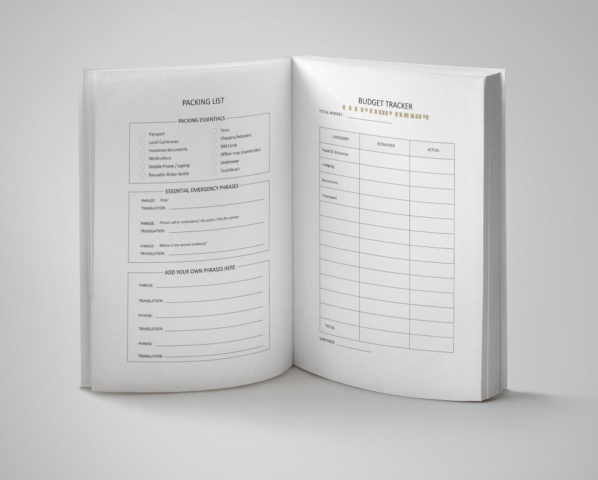 Open Essential Travel Journal showing the packing list, travel phrases and budget tracker pages.
