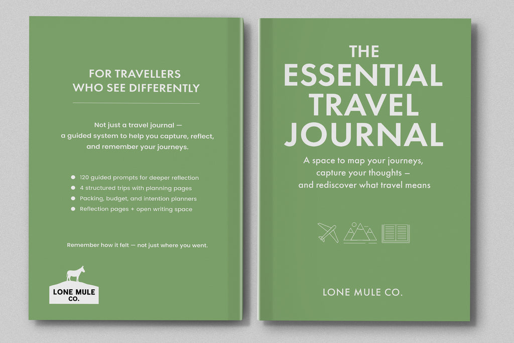 Front and back covers of The Essential Travel Journal in Sage Green & White.