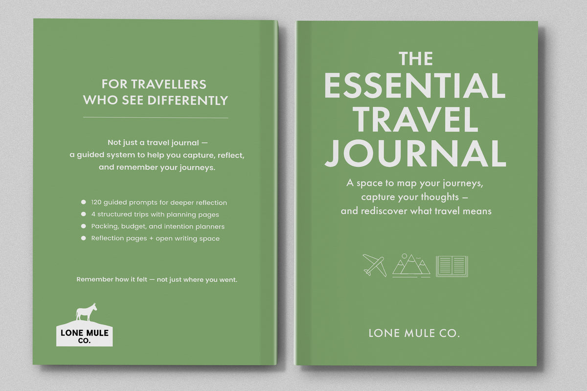 Front and back covers of The Essential Travel Journal in Sage Green & White.